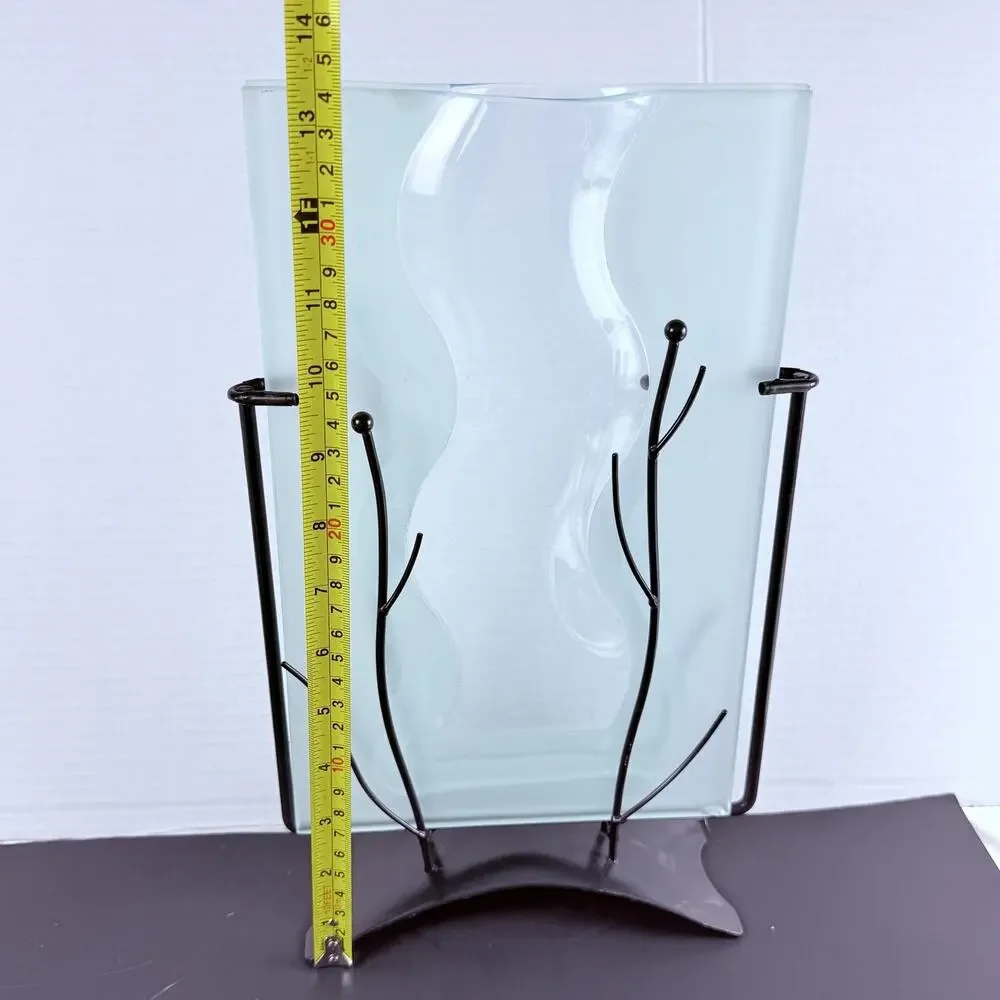 Modern Fused Art Glass Vase Frosted Wavy Clear Black Metal Stand Abstract 13.5